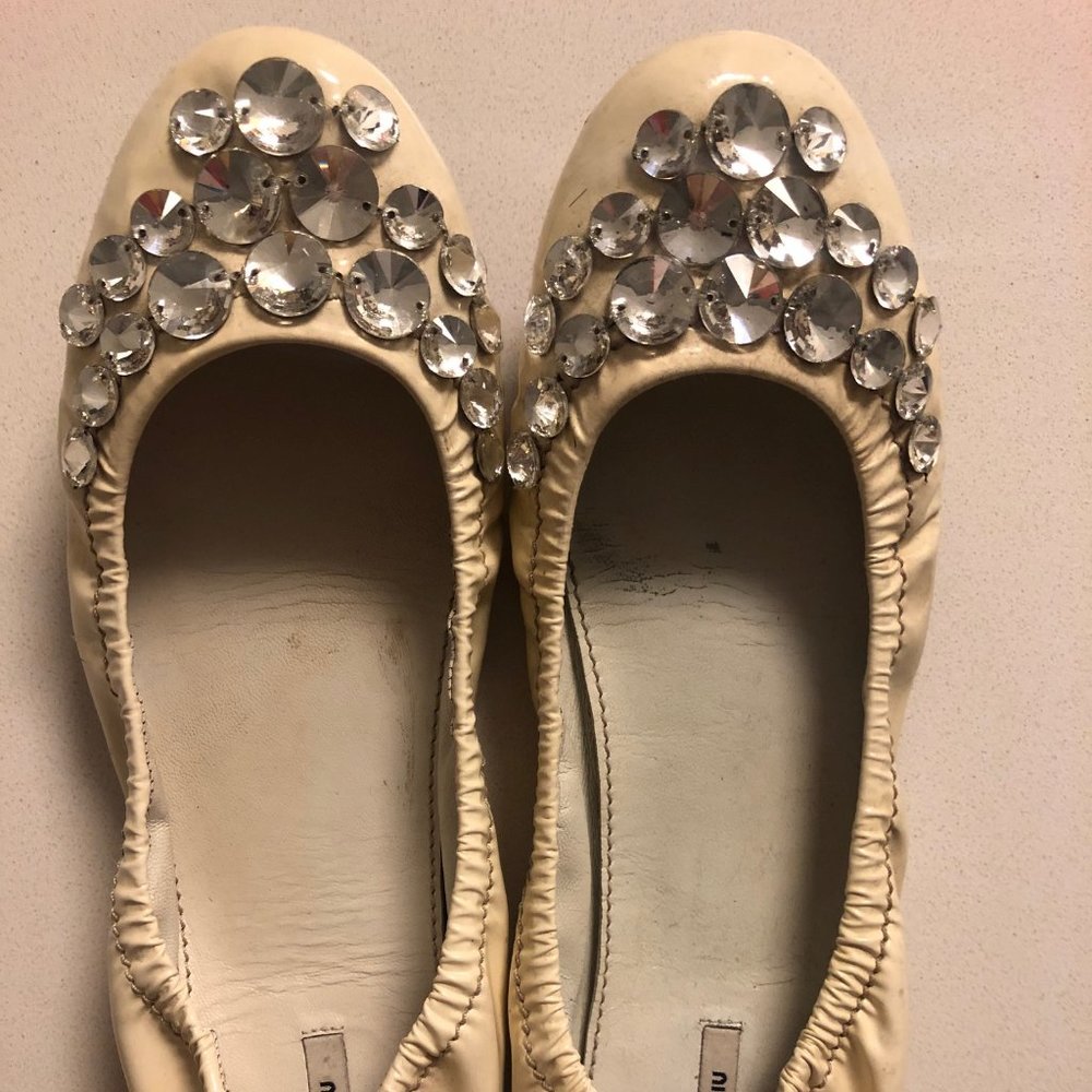 Miu Miu Leather White Jeweled Flats (Size 37.5/ 7)